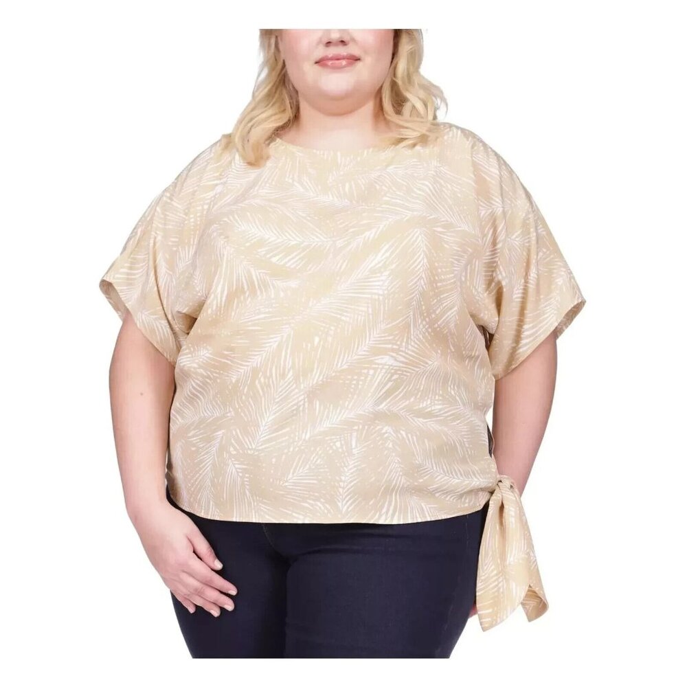 MICHAEL KORS Women's Plus Size 2X Beige Elbow Sleeve Scoop Neck Top PM184AFA